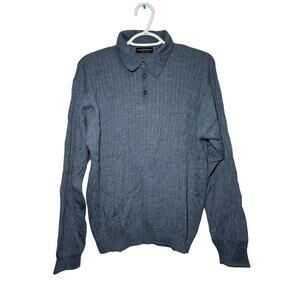 Joseph & Lyman henley merino wool blue sweater mens medium preppy quiet luxury